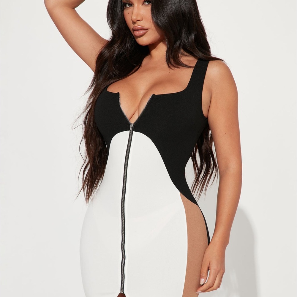 Black and White Zip Front Dress